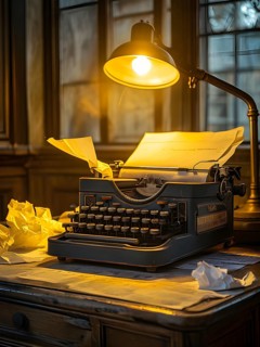 Antique typewriter sitting on a weathered wooden desk, with crumpled papers scattered around, AI