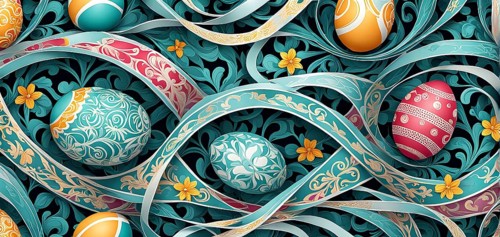 A whimsical abstract pattern with intertwined ribbons, eggs, and floral motifs, with a mix of sharp