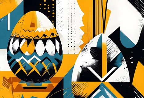 Illustration of an abstract Easter egg design with geometric patterns, bold colors, and a mix of