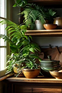 A sunlit kitchen corner, with a rustic wooden shelf holding neatly arranged ceramic bowls and a