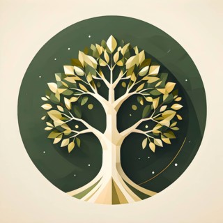 Abstract geometric tree with a circular canopy and a rectangular trunk, arranged in a clean,