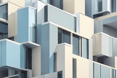 Minimalist architectural composition of modern buildings, with clean angles, rendered in geometric
