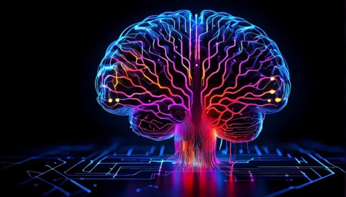 Abstract digital brain made of interconnected lines and glowing circuits in neon colors,