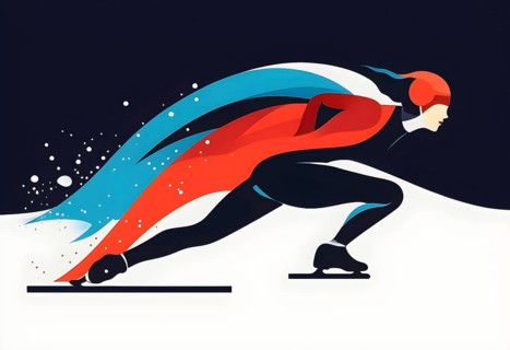 Ice speed skater illustration, depicted as a minimalist silhouette in motion in contrasting vibrant
