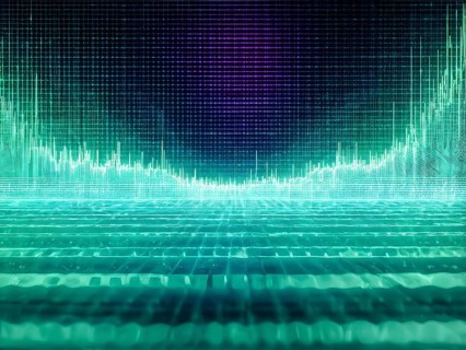 Glowing digital wave forms fluctuating in sync with a pulsating grid background, representing the