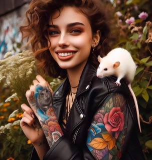 A tattooed young woman with a piercing and a white rat as a pet on her shoulder, AI generated, AI