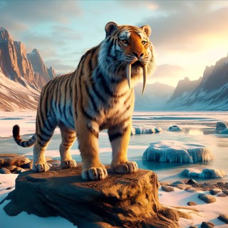 Prehistory, prehistory, ice age, an extinct sabre-toothed cat, also sabre-toothed tiger in an ice