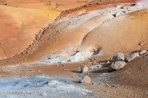 Mud pots, coloured mineral deposit, Seltún geothermal area near Krýsuvík or Krísuvík, Reykjanes