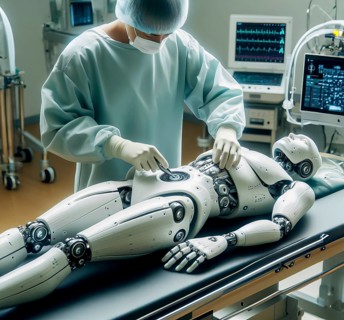 A humanoid robot lies on a hospital table and is repaired by a surgeon, cybernetics, AI generated,