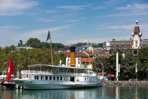 Old paddle steamer on Lake Geneva in Lausanne, travel, tourism, city, Vaud, Switzerland, Europe