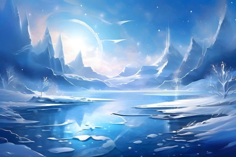 Abstract illustration of dreamy, icy landscape with swirling blues, whites, and silvers, evoking