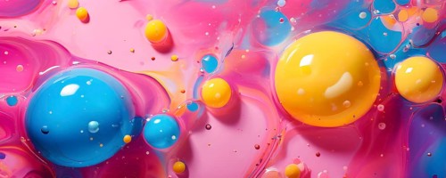 Abstract image with colorful yellow and turquoise blobs and liquid shapes on a pink background, AI