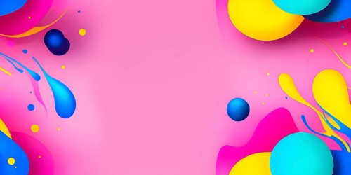 Abstract image with colorful yellow and turquoise blobs and liquid shapes on a pink background, AI