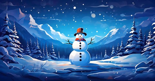 Abstract illustration of a snowman in an idyllic snowy winter landscape, hills and mountains and