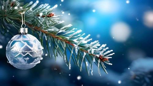 Set of Christmas ornaments hanging on a snow-covered pine tree branch, with frost clinging to the