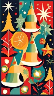 Abstract mix of traditional Christmas symbols arranged in a vibrant modern style, AI generated