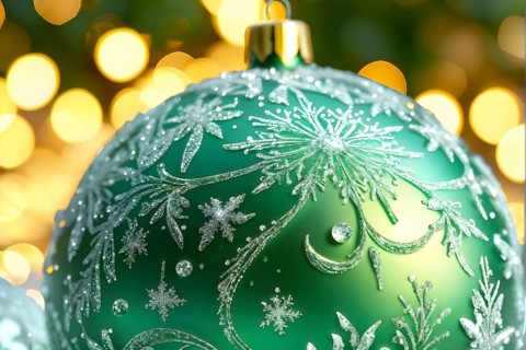Close up of a frosted green Christmas ornament, detailed with tiny ice crystals, delicate carvings,
