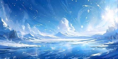 Abstract illustration of dreamy, icy landscape with swirling blues, whites, and silvers, evoking