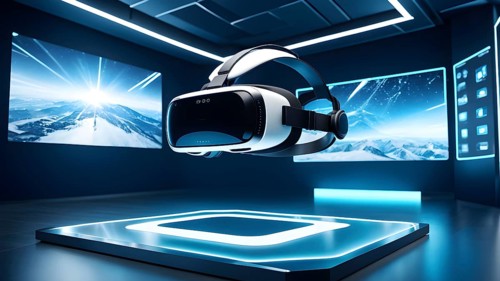 Three dimensional render of virtual reality glasses in a digital room, AI generated