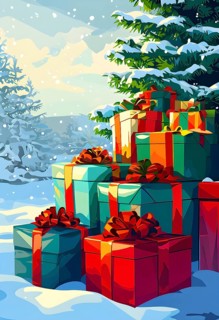 Abstract illustration of wrapped Christmas gifts, shiny ribbons and bows, stacked under a