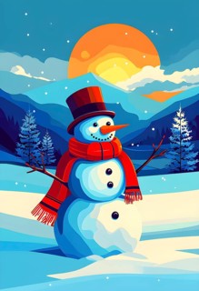 Abstract illustration of a snowman in an idyllic snowy winter landscape, hills and mountains and