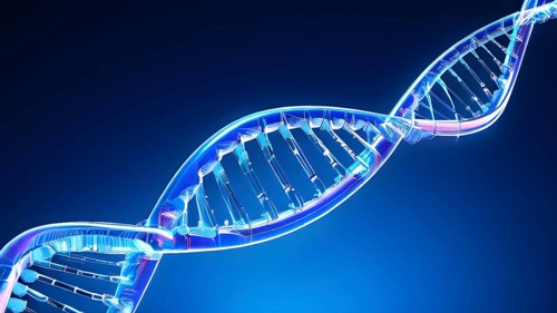 DNA double helix structure against gradient blue background, AI generat, AI generated