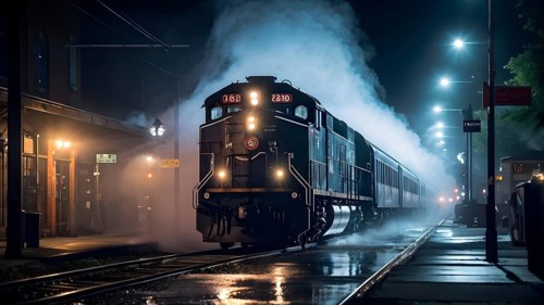 Nighttime train wash in a misty depot with water spray, AI generated