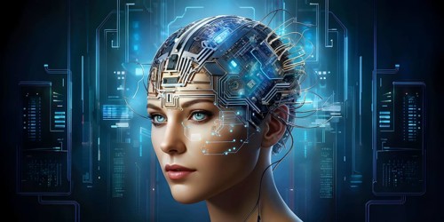 Illustration of a human brain merging with a woman's head intertwined with microchips and a