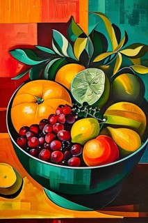 Vibrant illustration of a bowl brimming with a cascade of fresh fruits and vegetables, AI generated