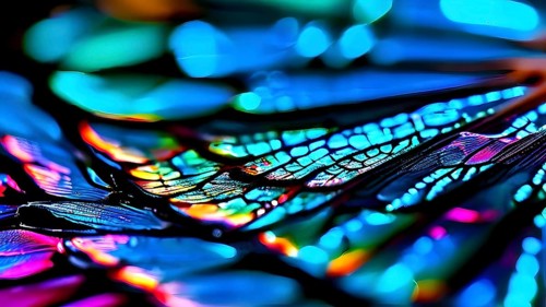 Vibrant butterfly wing with iridescent scales and network of veins, AI generated