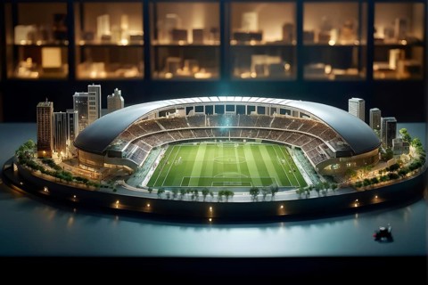 Scale model of modern soccer stadium on a polished conference table, AI generated