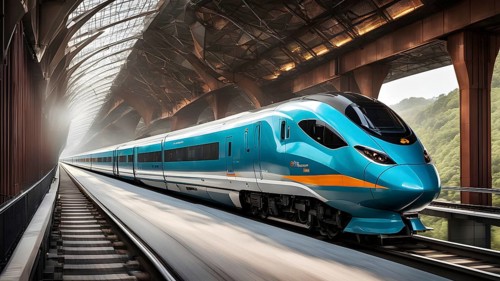 High speed train with an aerodynamic nose modeled after the beak of a kingfisher, AI generated