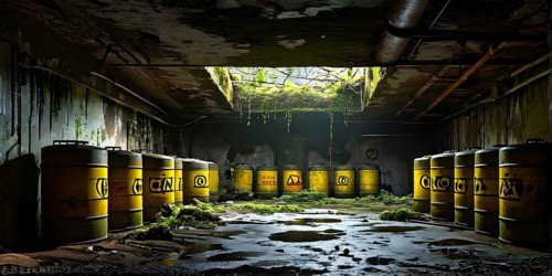 Abandoned underground bunker with radioactive old barrels, AI generated