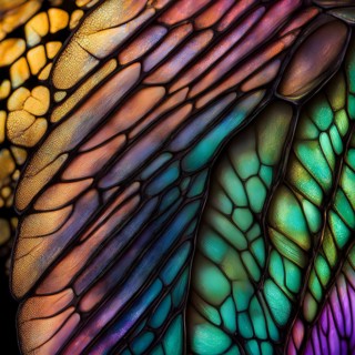 Vibrant butterfly wing with iridescent scales and network of veins, AI generated