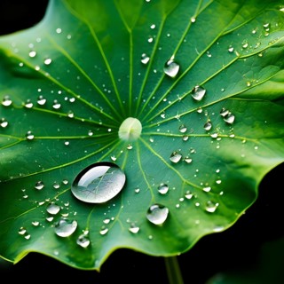 Close up of a lotus leaf showcasing its hydrophobic tendencies repelling water droplets, AI
