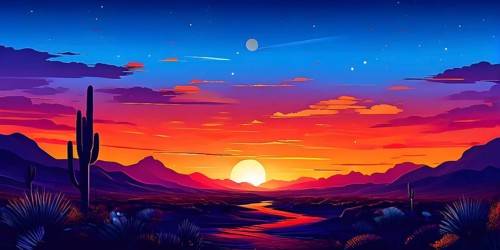 Abstract illustration of a sunset over a desert landscape in vivid and vibrant colors, AI generated