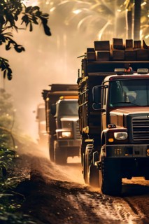 Trucks loaded with freshly cut timber wind through the narrow paths of the diminishing amazon