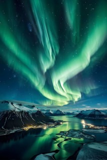 Aurora borealis illuminating snow covered fjord landscape in vibrant hues, AI generated