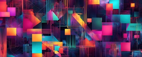 Abstract geometric patchwork illustration with vibrant intersecting geometric shapes filled with
