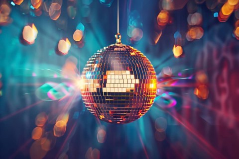 A disco ball is suspended from the ceiling at party in nightclub, reflecting the lights and