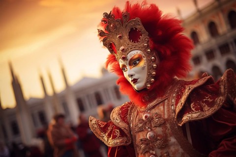 A person adorned in a traditional Venetian carnival mask and costume, with the iconic architecture
