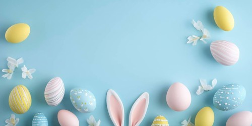Easter eggs and Easter bunny for Easter with blue background greeting card banner with text free