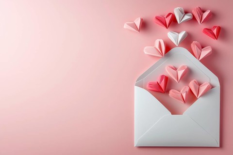 Valentine's Day love letter with envelope and hearts on pink background generated with copy space