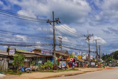 Street scene with general shop in the old town of Ko Lanta, dilapidated, row of houses, town,