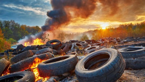 Symbolism, large junkyard with old burning car tyres, AI-generated, AI-generated, AI generated