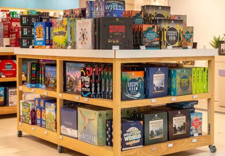 Shop display of board games inside John Lewis store, Cambridge, Cambridgeshire, England, UK