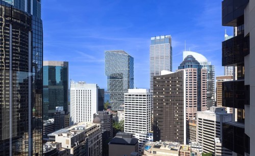 Australia scenic Sydney downtown skyline panorama and financial business center near Opera House.