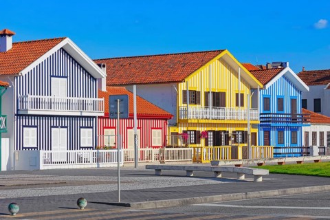 Traditional wooden striped houses, Costa Nova do Prado, Aveiro, Portugal, Europe