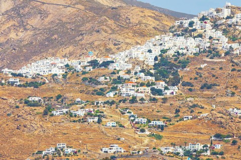 View of the hilltop village of Chora, Chora, Serifos Island, Cyclades Islands, Greece, Europe