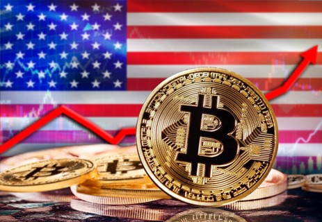 Bitcoin with USA flag in the background. Bitcoin rising with USA flag in the background